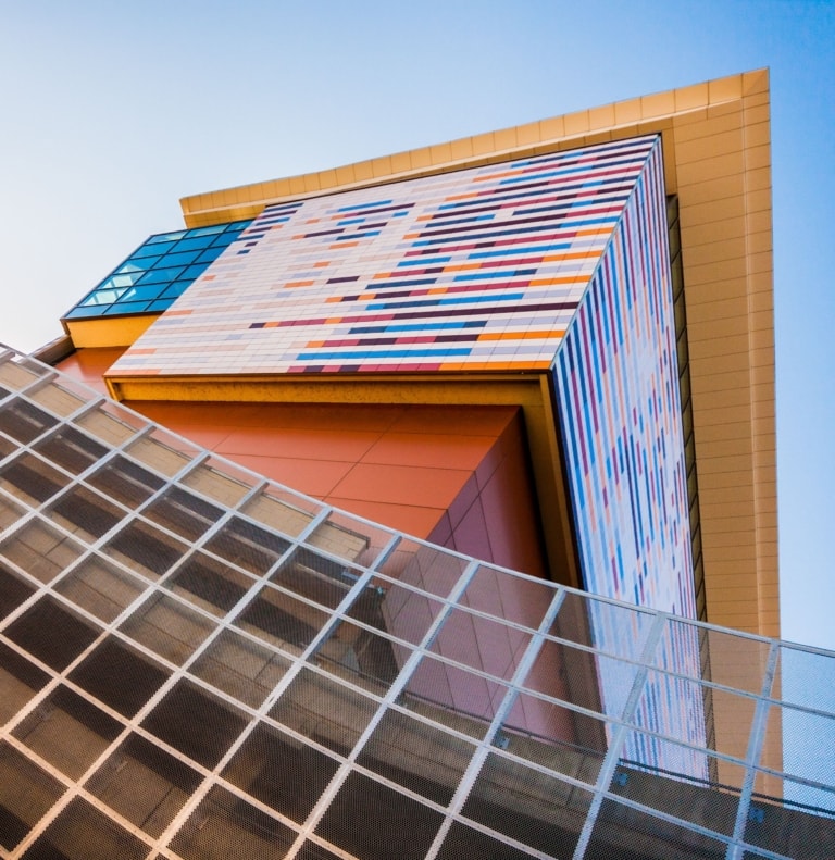 Exterior of Muhammad Ali Center building looking up from a slanted angle